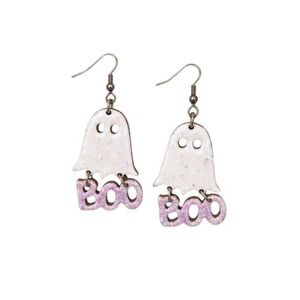 Handmade Ghost BOO Resin Earrings White Purple Glitter Cute Halloween OOAK
